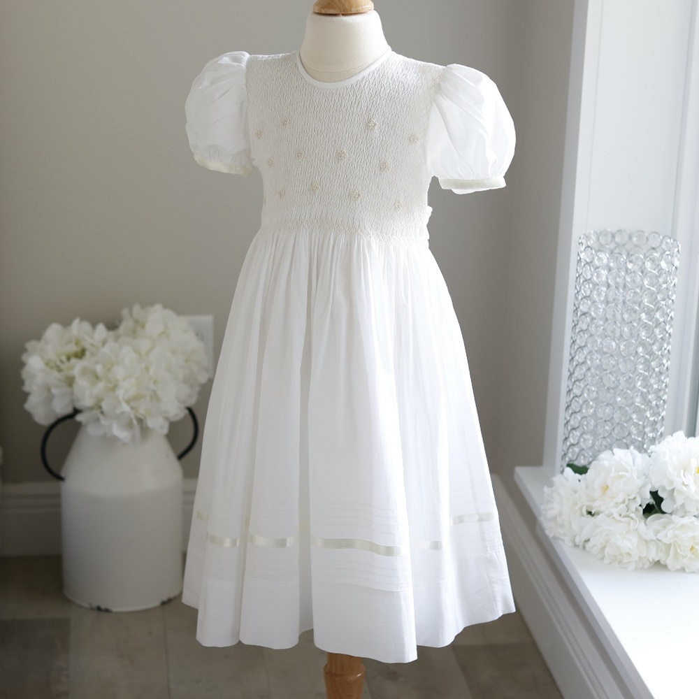 Strasburg White Smocked Dress Embroidery size 8/10 Special Occasion Flower Girl